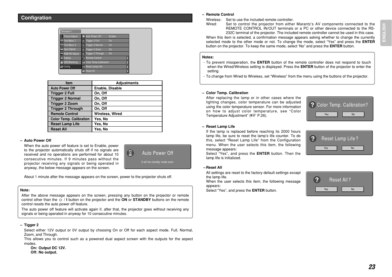 Configration, Color temp. calibration, Reset lamp life ? reset all | Auto power off | Marantz VP-12S4 User Manual | Page 29 / 37