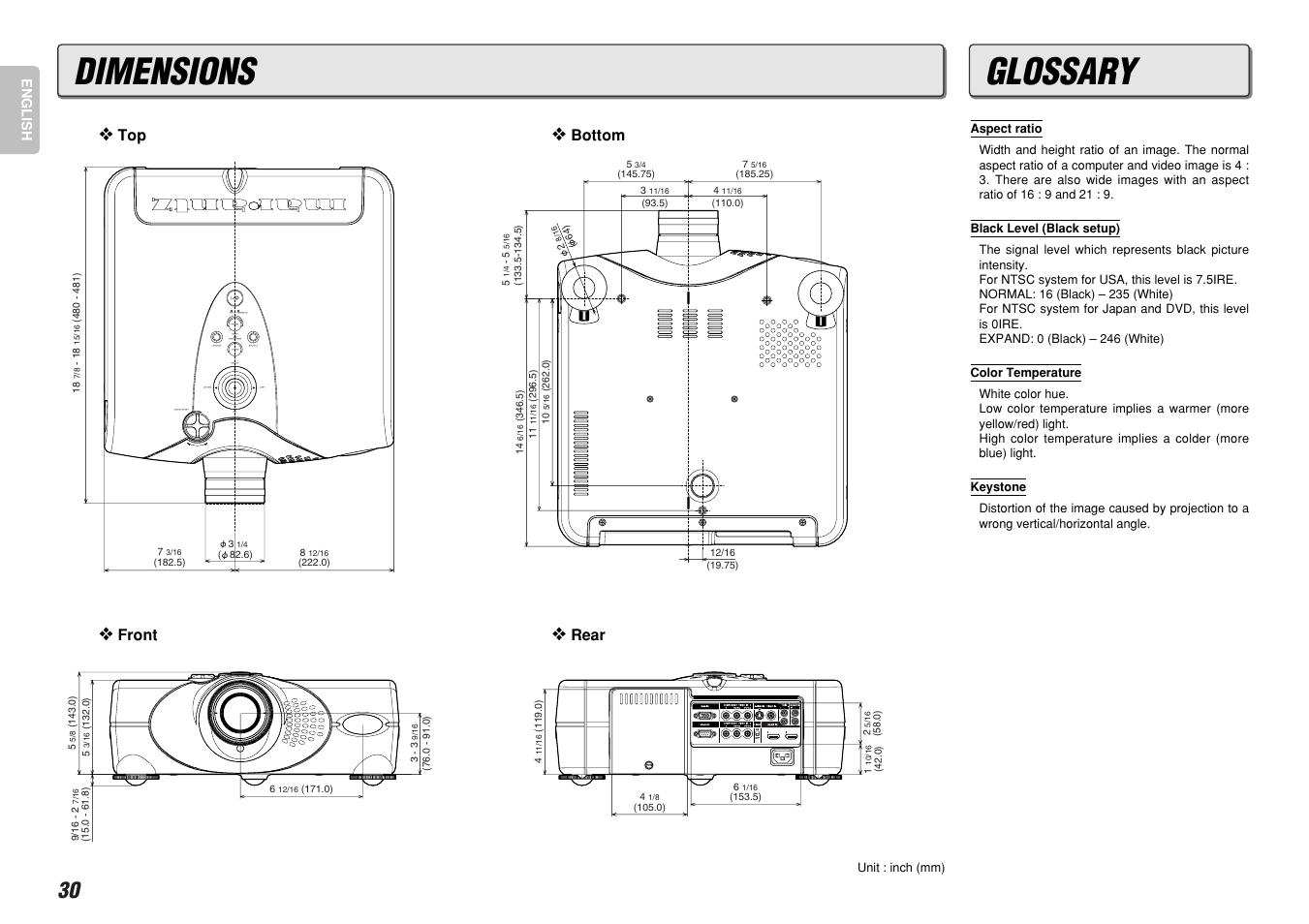 Dimensions, Glossary | Marantz VP-12S4 User Manual | Page 36 / 37