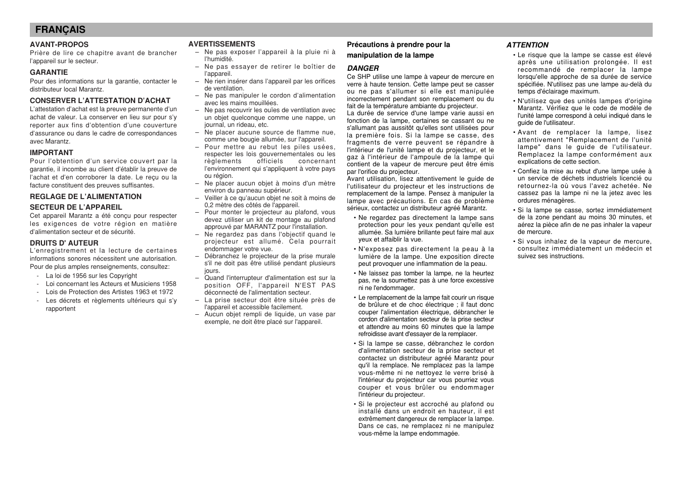 Français | Marantz VP-12S4 User Manual | Page 4 / 37