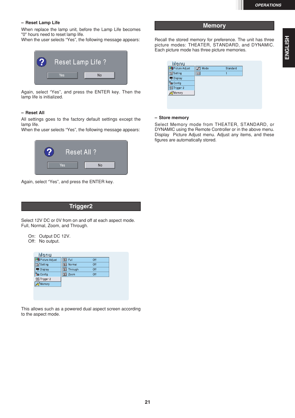 Reset all, Reset lamp life, Trigger2 | English | Marantz VP-12S1N User Manual | Page 23 / 31