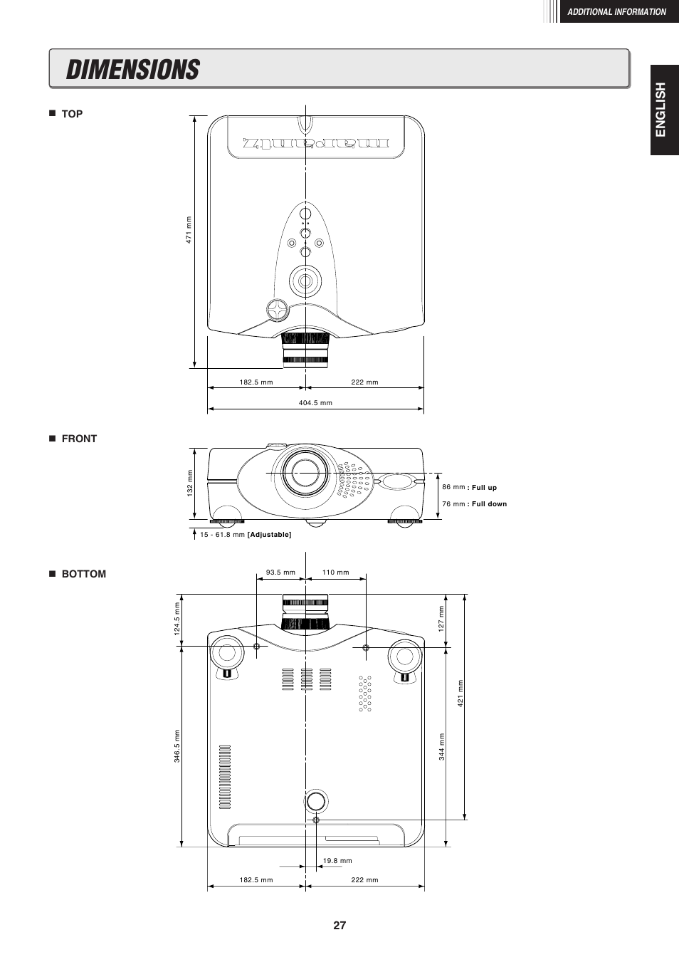 Dimensions, English | Marantz VP-12S1N User Manual | Page 29 / 31