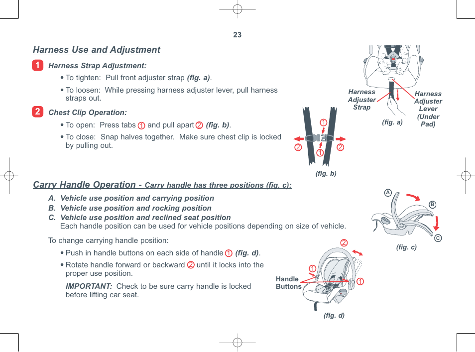Harness use and adjustment, Carry handle operation | Combi 8000 Series User Manual | Page 24 / 36