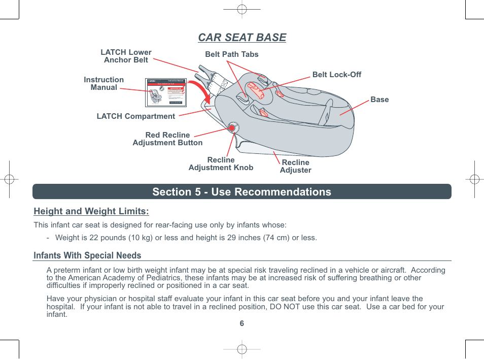 Car seat base, Height and weight limits, Infants with special needs | Combi 8000 Series User Manual | Page 7 / 36