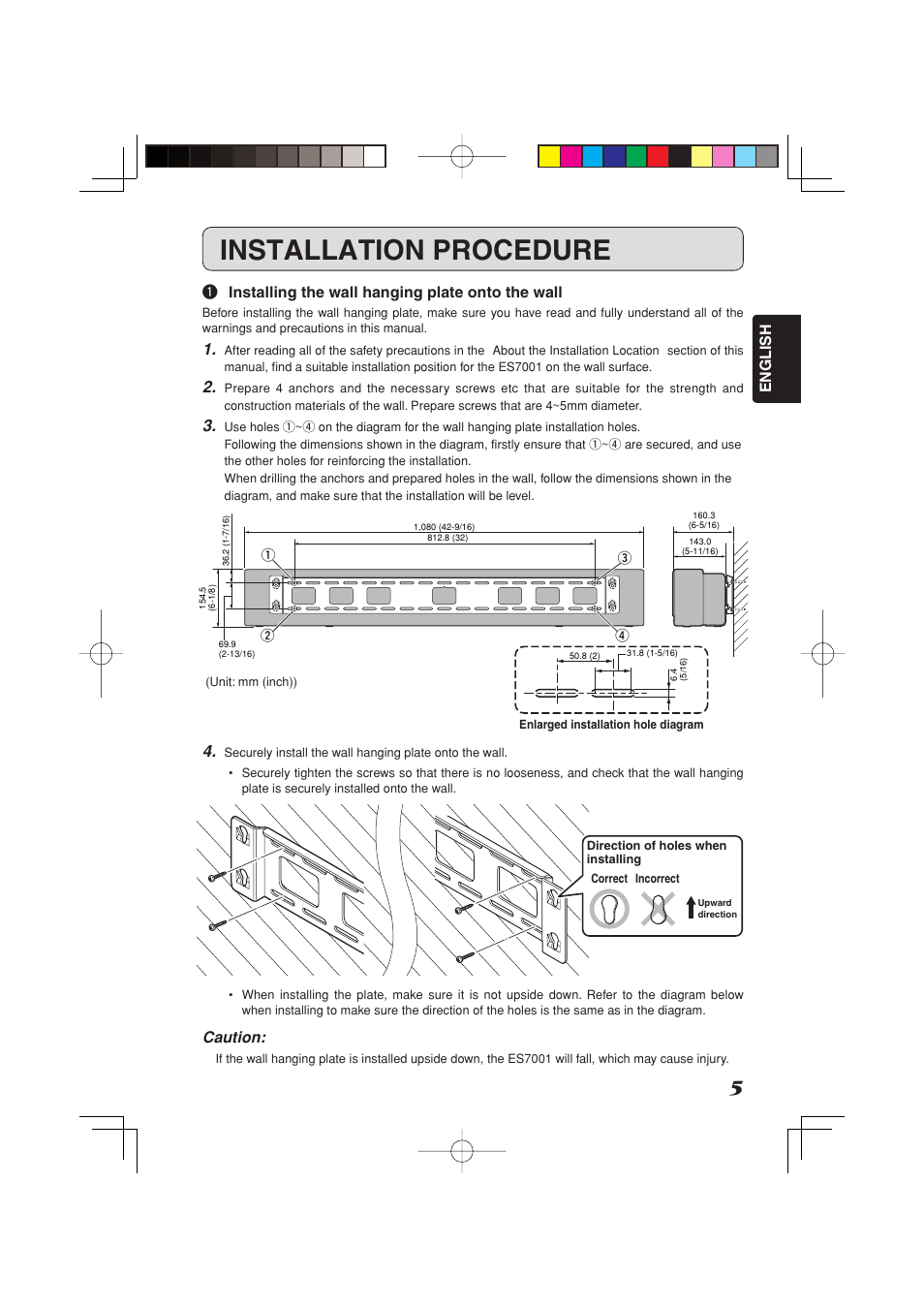 Installation procedure, English, Q installing the wall hanging plate onto the wall | Caution | Marantz MT7001 User Manual | Page 5 / 8