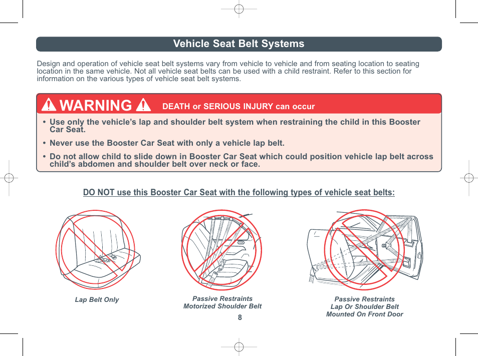 Warning, Vehicle seat belt systems | Combi Everest 8400 User Manual | Page 9 / 16