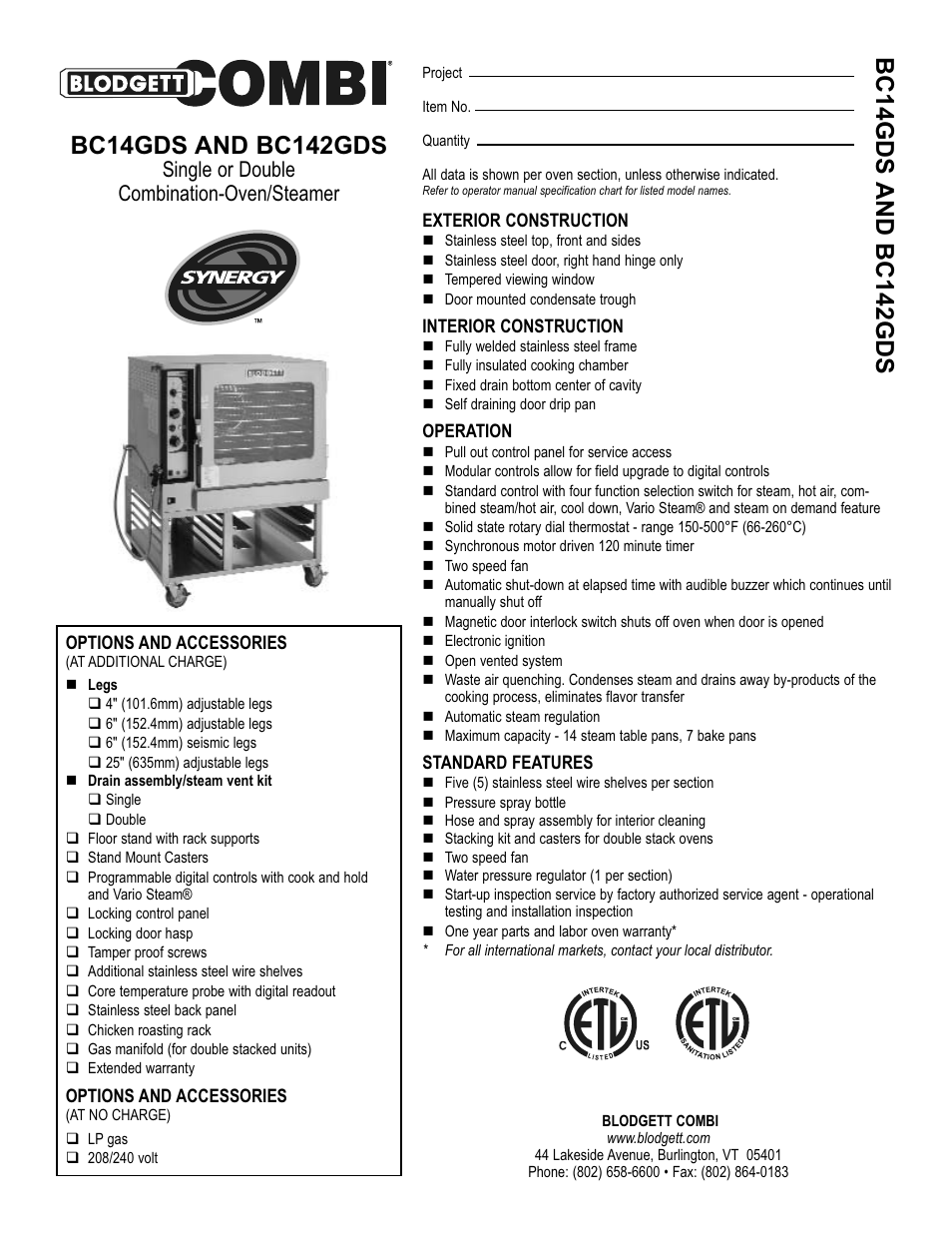 Combi BLODGETT BC14GDS User Manual | 2 pages