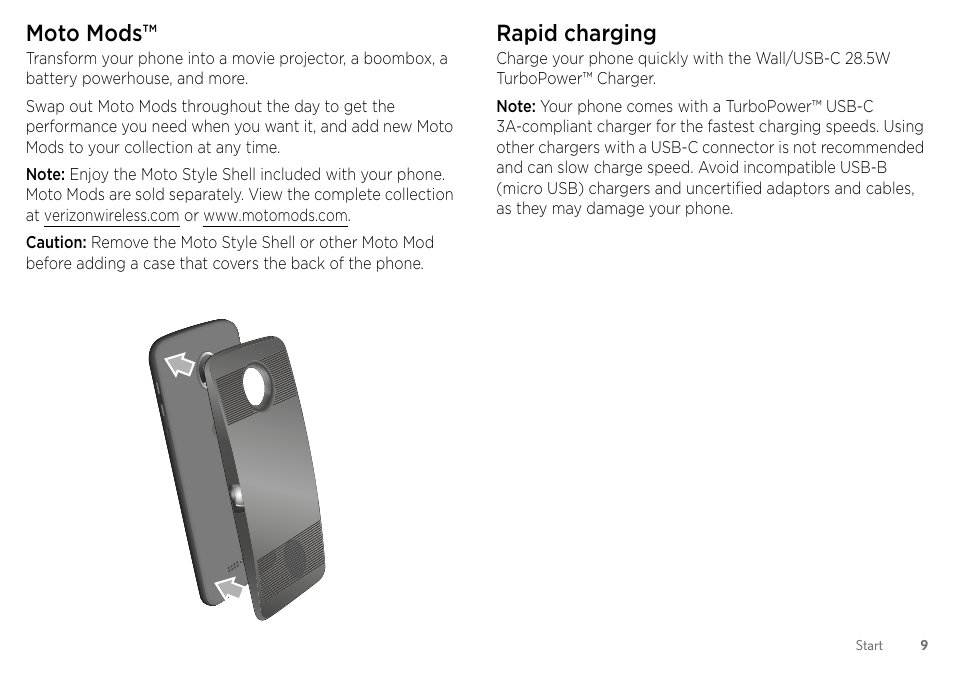 Moto mods, Rapid charging, Moto | Mods | Motorola Moto Z Droid User Manual | Page 11 / 68