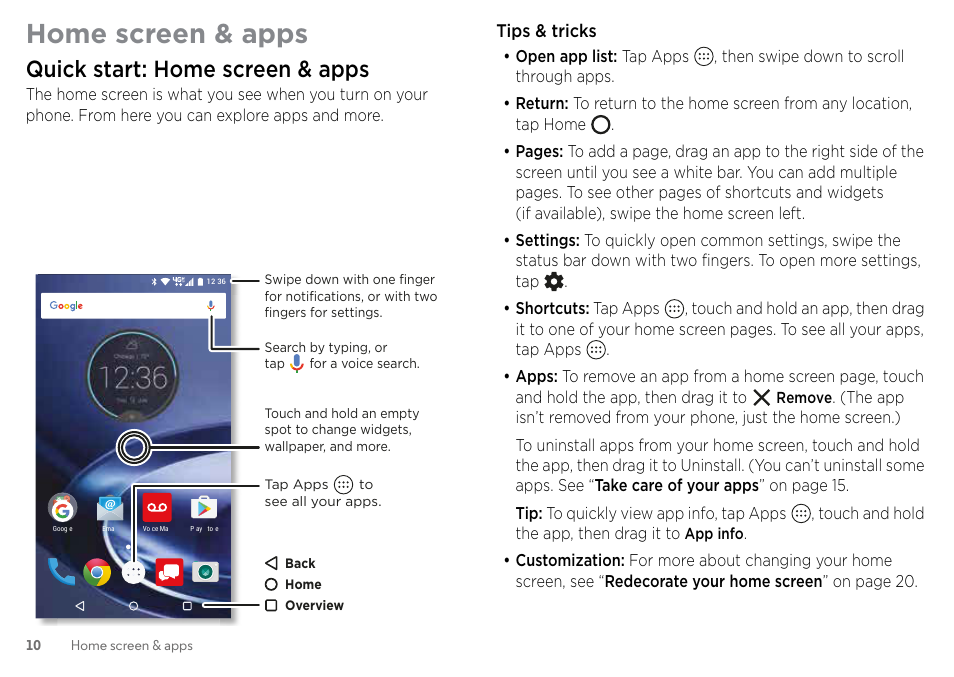 Home screen & apps, Quick start: home screen & apps | Motorola Moto Z Droid User Manual | Page 12 / 68