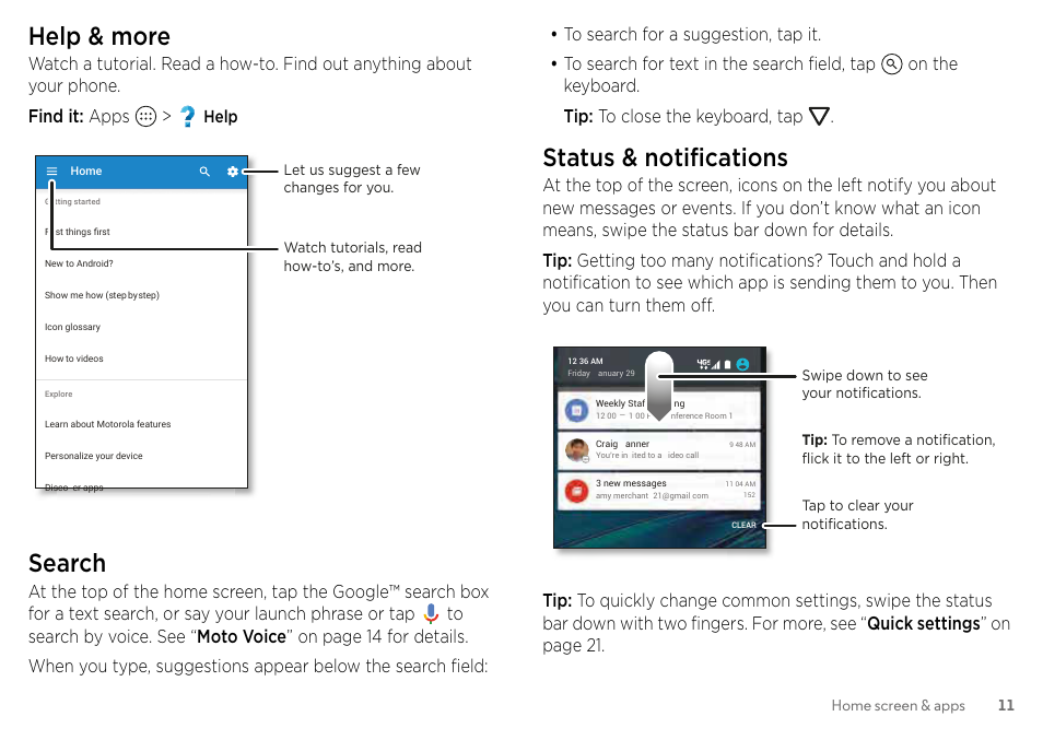 Help & more, Search, Status & notifications | Motorola Moto Z Droid User Manual | Page 13 / 68