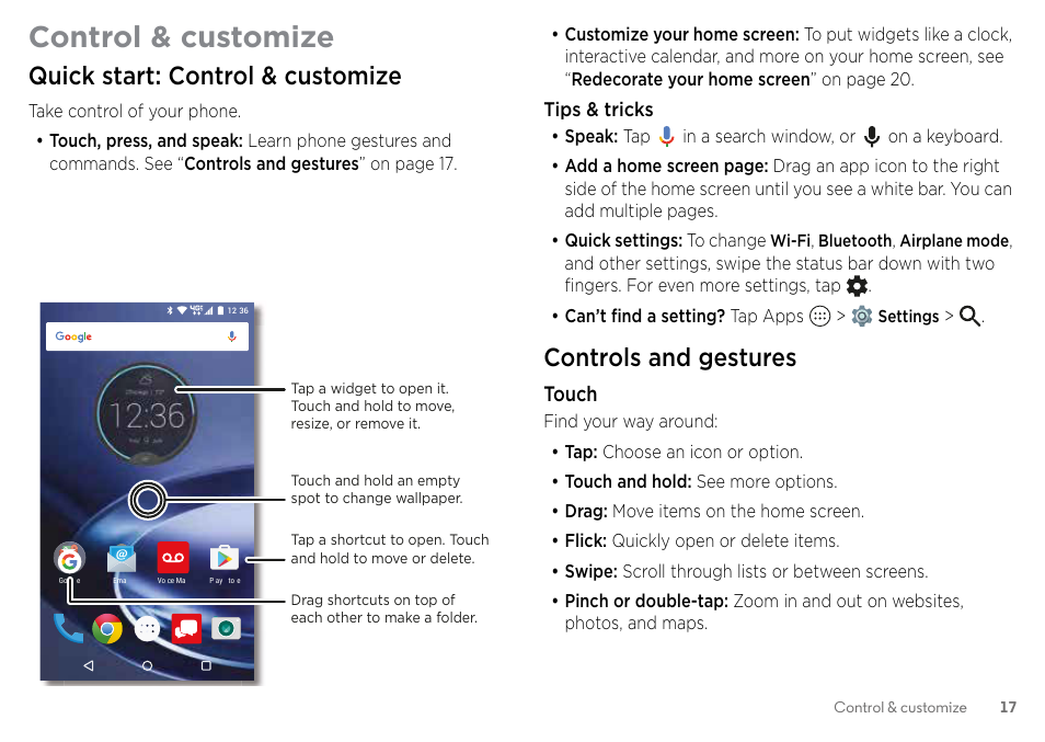 Control & customize, Quick start: control & customize, Controls and gestures | Motorola Moto Z Droid User Manual | Page 19 / 68