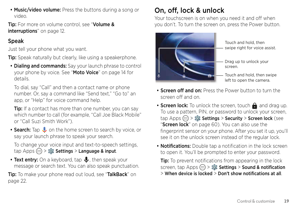 On, off, lock & unlock | Motorola Moto Z Droid User Manual | Page 21 / 68