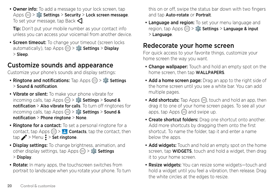 Customize sounds and appearance, Redecorate your home screen | Motorola Moto Z Droid User Manual | Page 22 / 68