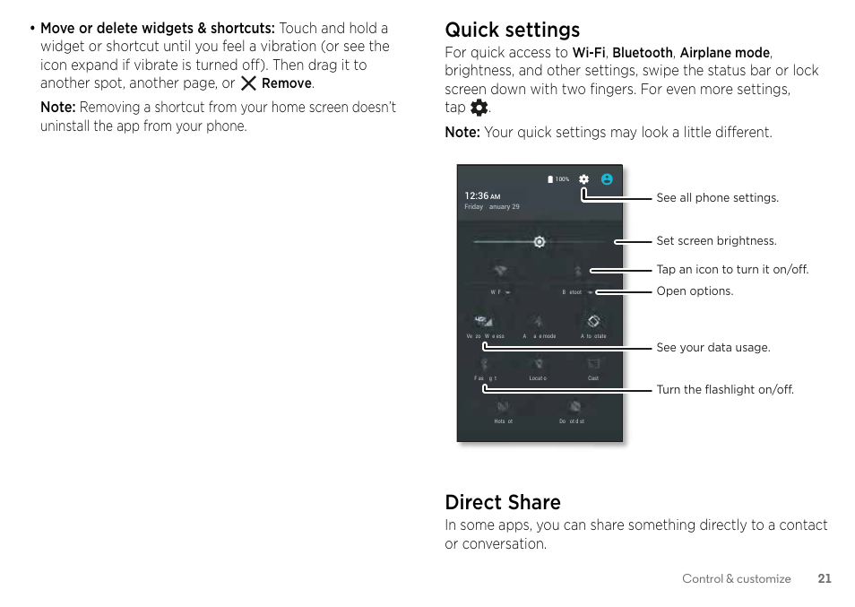 Quick settings, Direct share, For quick access to | Motorola Moto Z Droid User Manual | Page 23 / 68