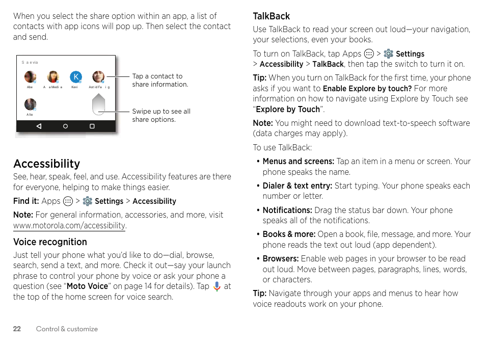 Accessibility, Ead out loud, see “talkback” on | Motorola Moto Z Droid User Manual | Page 24 / 68