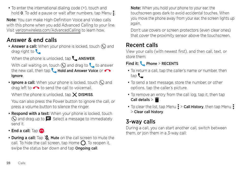 Answer & end calls, Recent calls, Way calls | Motorola Moto Z Droid User Manual | Page 30 / 68