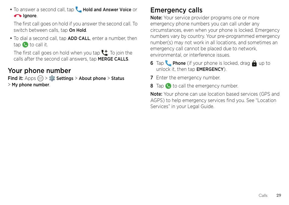 Your phone number, Emergency calls | Motorola Moto Z Droid User Manual | Page 31 / 68