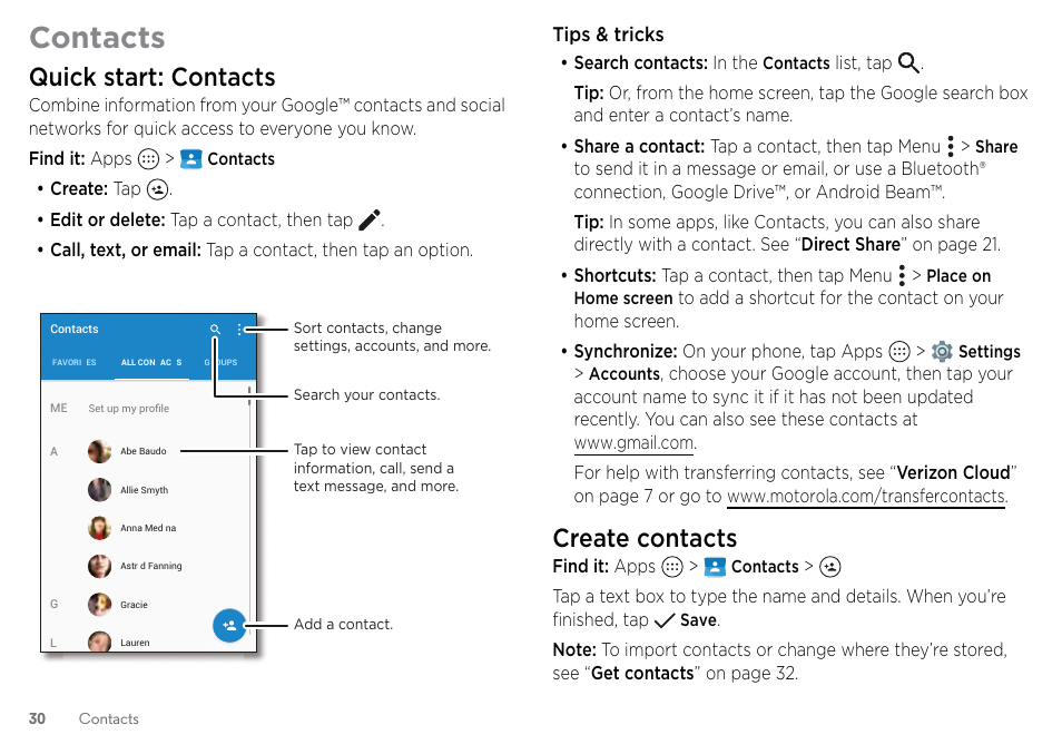 Contacts, Quick start: contacts, Create contacts | Motorola Moto Z Droid User Manual | Page 32 / 68