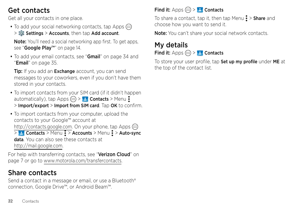 Get contacts, Share contacts, My details | Motorola Moto Z Droid User Manual | Page 34 / 68