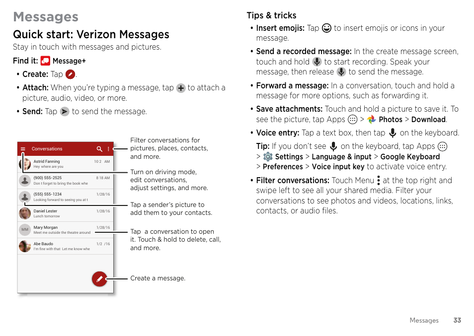 Messages, Quick start: verizon messages | Motorola Moto Z Droid User Manual | Page 35 / 68