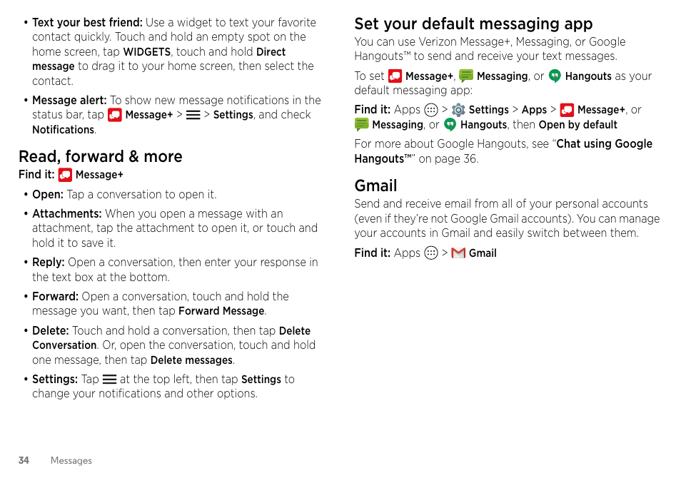 Read, forward & more, Set your default messaging app, Gmail | 34 and | Motorola Moto Z Droid User Manual | Page 36 / 68