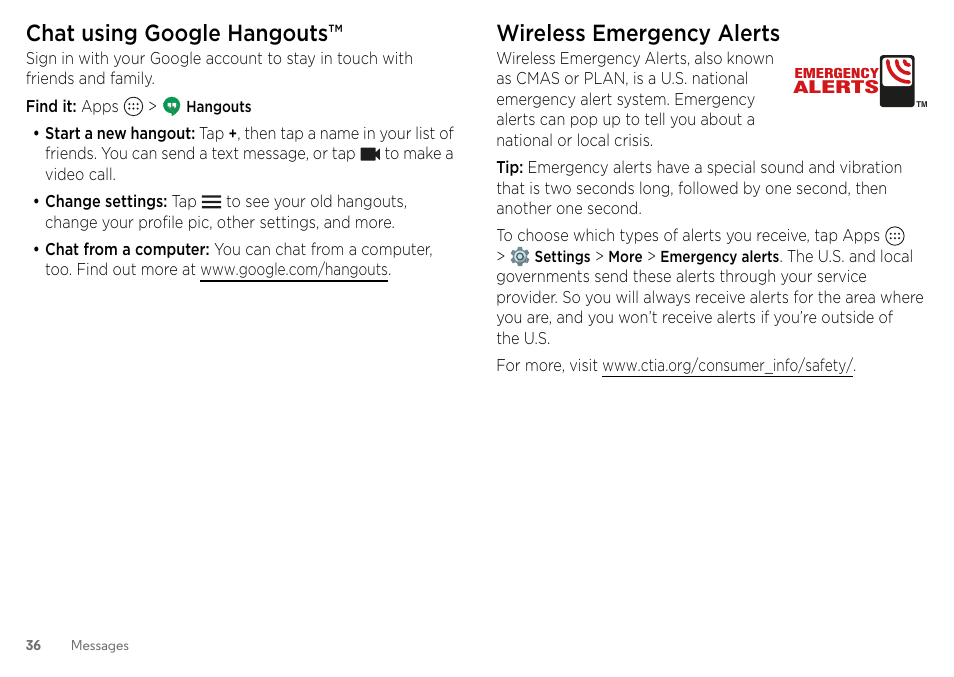 Chat using google hangouts, Wireless emergency alerts | Motorola Moto Z Droid User Manual | Page 38 / 68