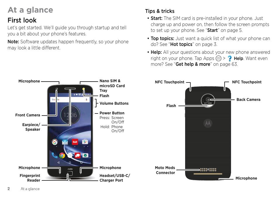 At a glance, First look, Tips & tricks | Motorola Moto Z Droid User Manual | Page 4 / 68