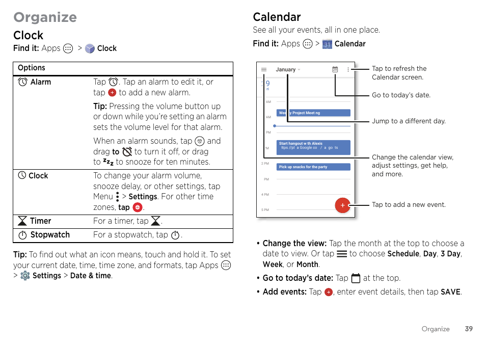 Organize, Clock, Calendar | Motorola Moto Z Droid User Manual | Page 41 / 68