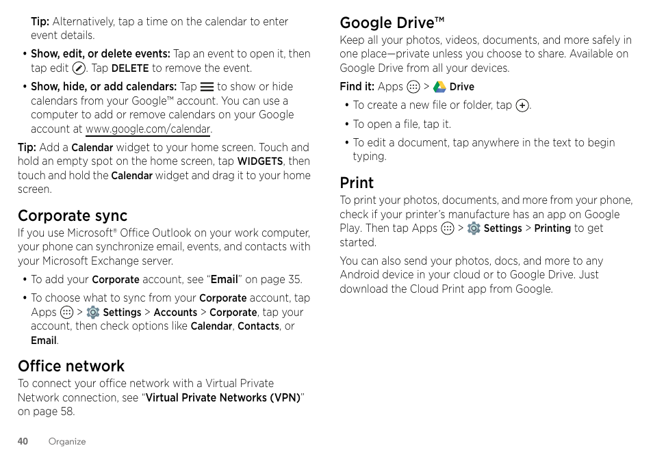 Corporate sync, Office network, Google drive | Print | Motorola Moto Z Droid User Manual | Page 42 / 68