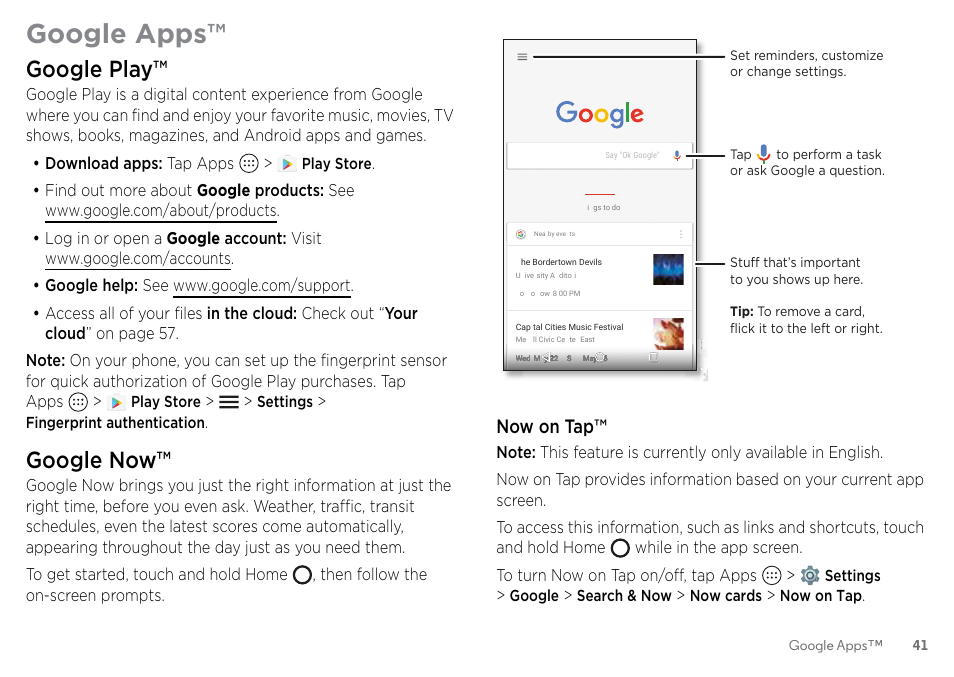 Google apps, Google play, Google now | Now on tap, Play store, Settings, Fingerprint authentication, Google, Search & now, Now cards | Motorola Moto Z Droid User Manual | Page 43 / 68