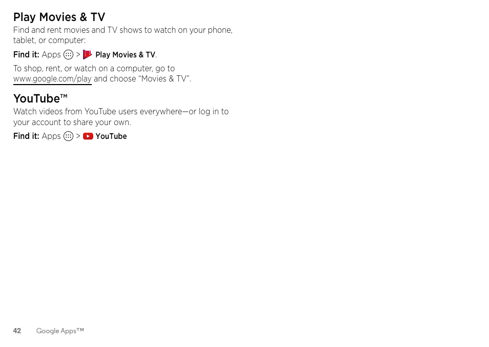 Play movies & tv, Youtube, Play movies & tv”apps | Motorola Moto Z Droid User Manual | Page 44 / 68