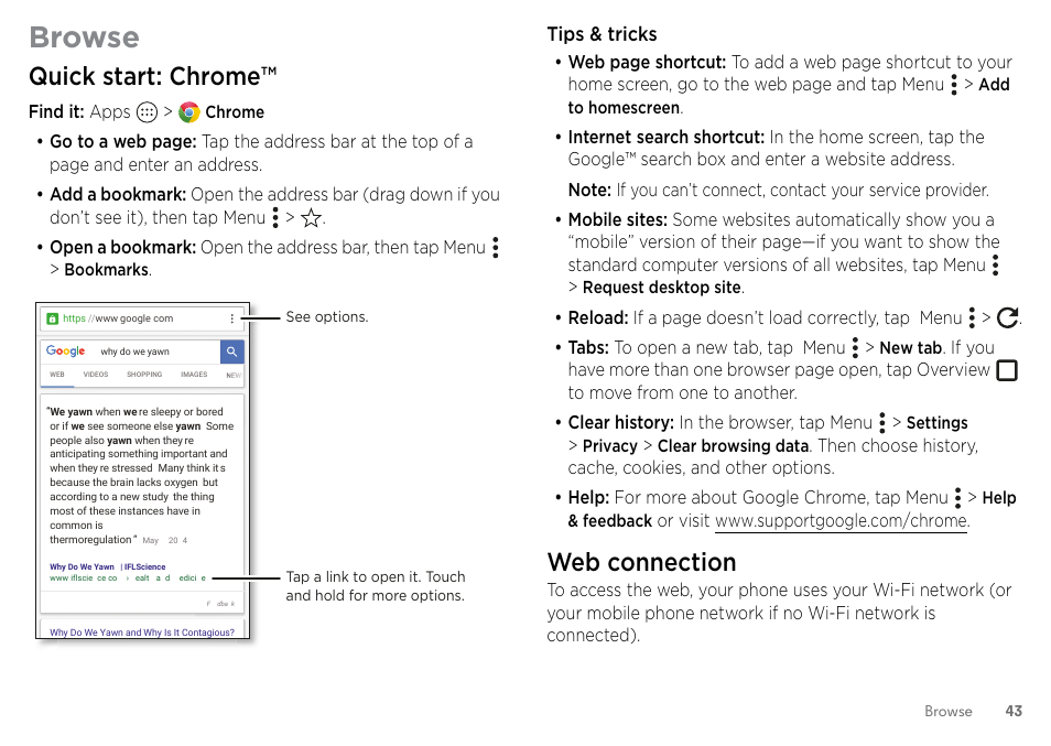 Browse, Quick start: chrome, Web connection | Motorola Moto Z Droid User Manual | Page 45 / 68