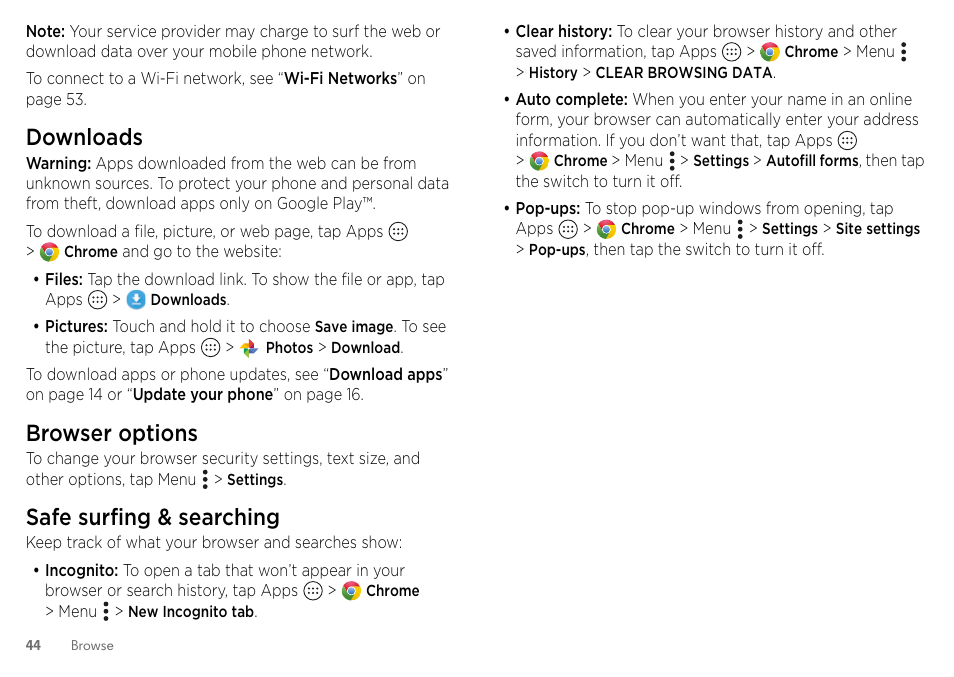 Downloads, Browser options, Safe surfing & searching | Motorola Moto Z Droid User Manual | Page 46 / 68