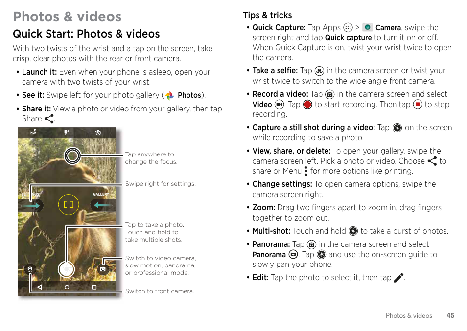 Photos & videos, Quick start: photos & videos, See “photos & videos” on | 45). or | Motorola Moto Z Droid User Manual | Page 47 / 68