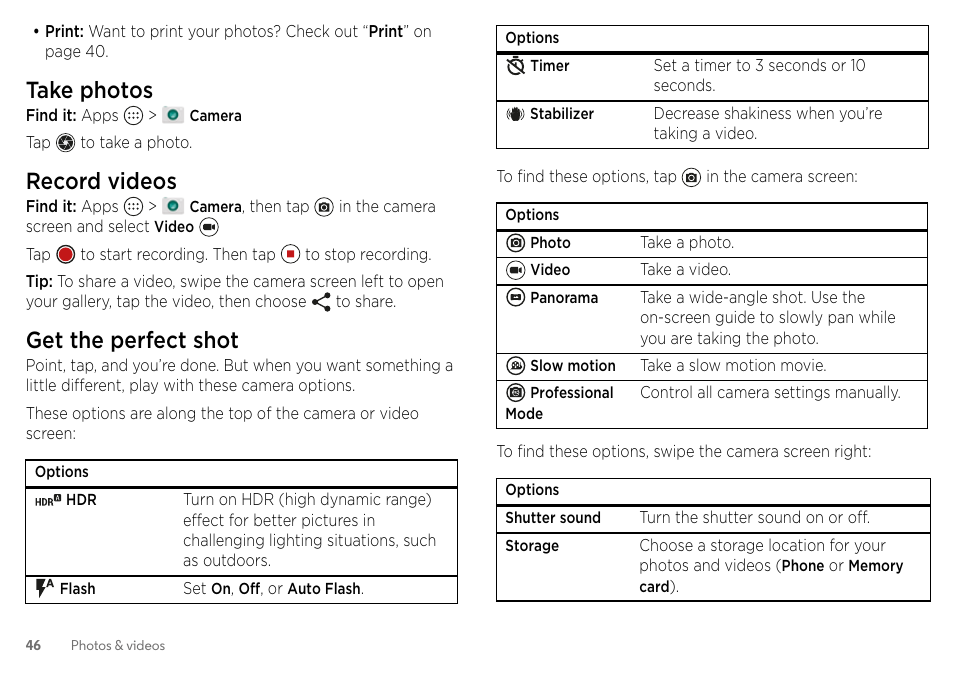 Take photos, Record videos, Get the perfect shot | Motorola Moto Z Droid User Manual | Page 48 / 68