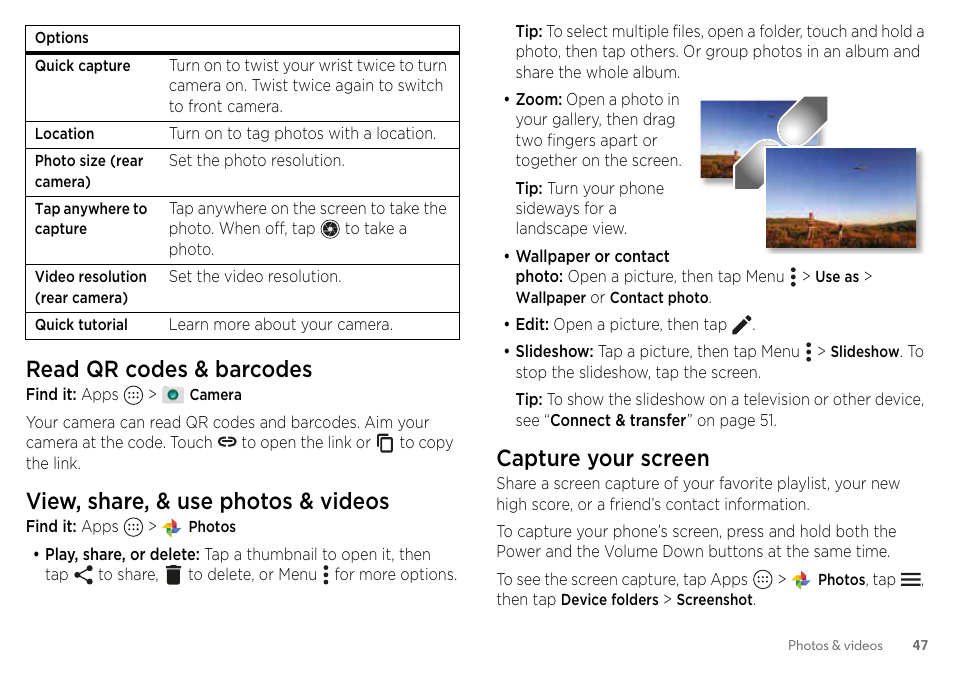 Read qr codes & barcodes, View, share, & use photos & videos, Capture your screen | Motorola Moto Z Droid User Manual | Page 49 / 68