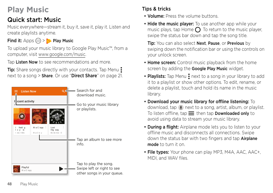 Play music, Quick start: music, Play music” and | Motorola Moto Z Droid User Manual | Page 50 / 68