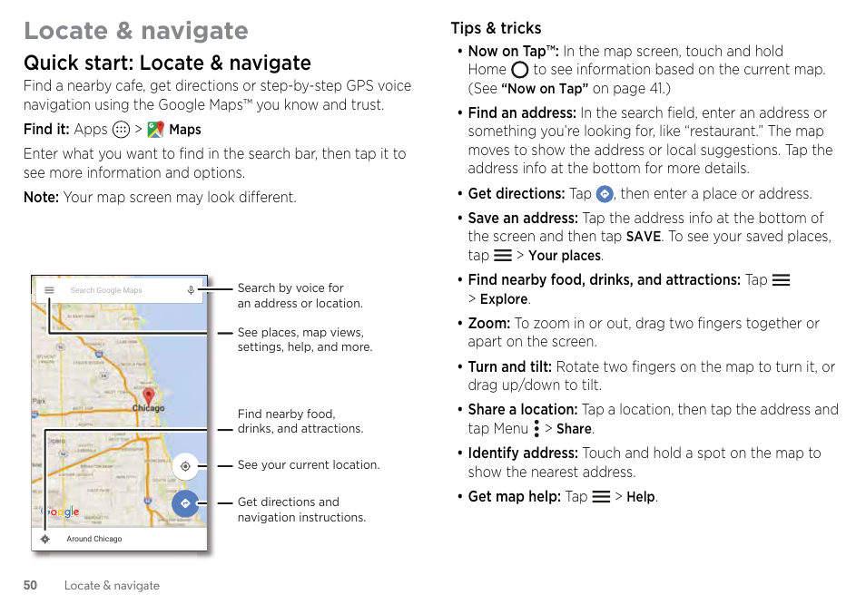 Locate & navigate, Quick start: locate & navigate | Motorola Moto Z Droid User Manual | Page 52 / 68