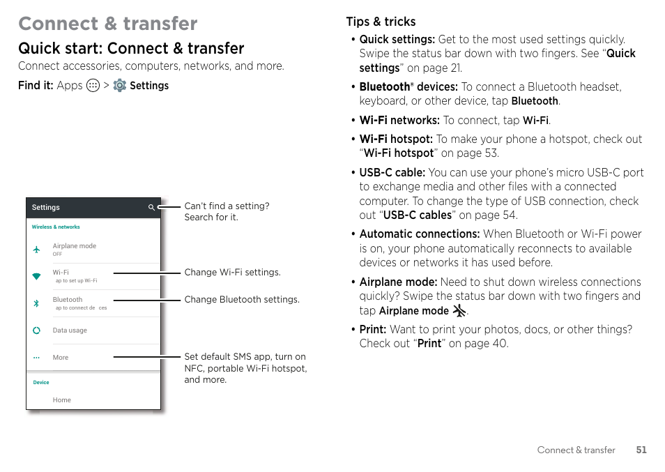 Connect & transfer, Quick start: connect & transfer | Motorola Moto Z Droid User Manual | Page 53 / 68