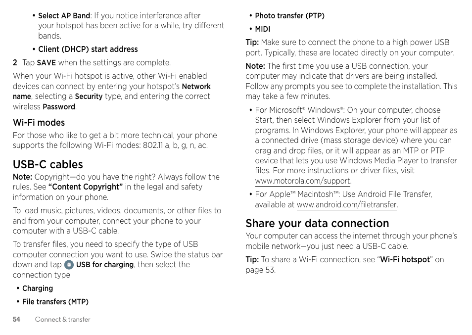 Usb-c cables, Share your data connection | Motorola Moto Z Droid User Manual | Page 56 / 68