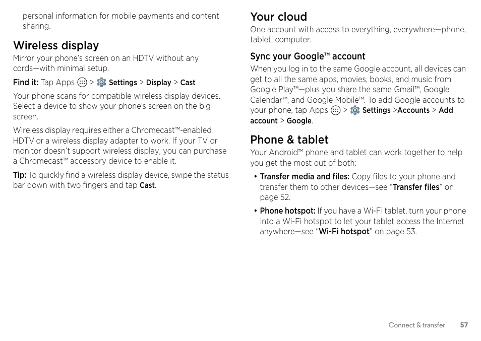 Wireless display, Your cloud, Phone & tablet | Motorola Moto Z Droid User Manual | Page 59 / 68