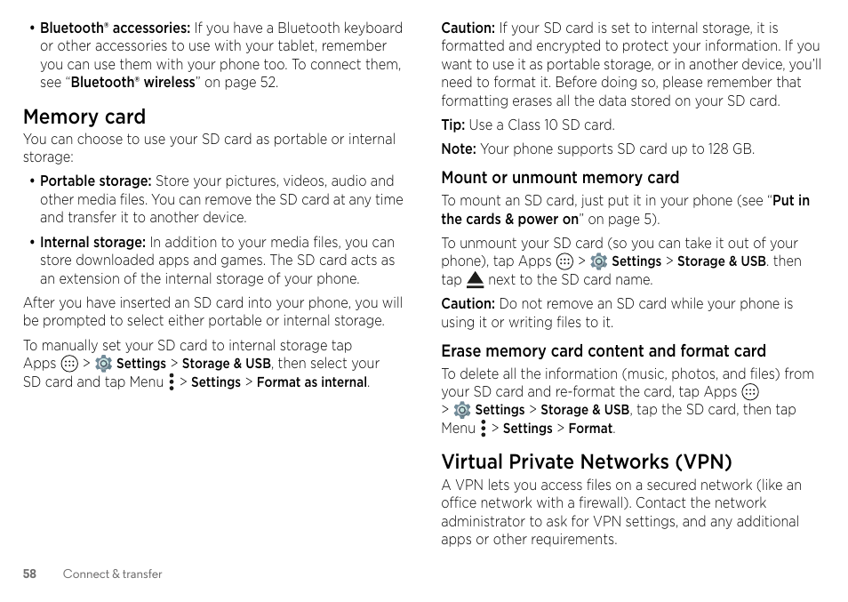 Memory card, Virtual private networks (vpn) | Motorola Moto Z Droid User Manual | Page 60 / 68