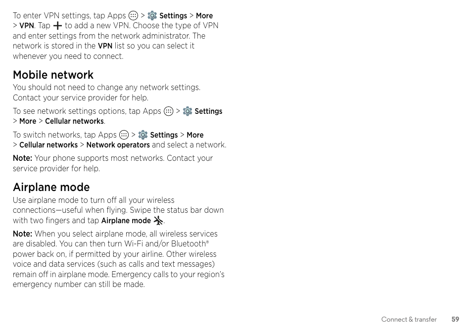 Mobile network, Airplane mode | Motorola Moto Z Droid User Manual | Page 61 / 68