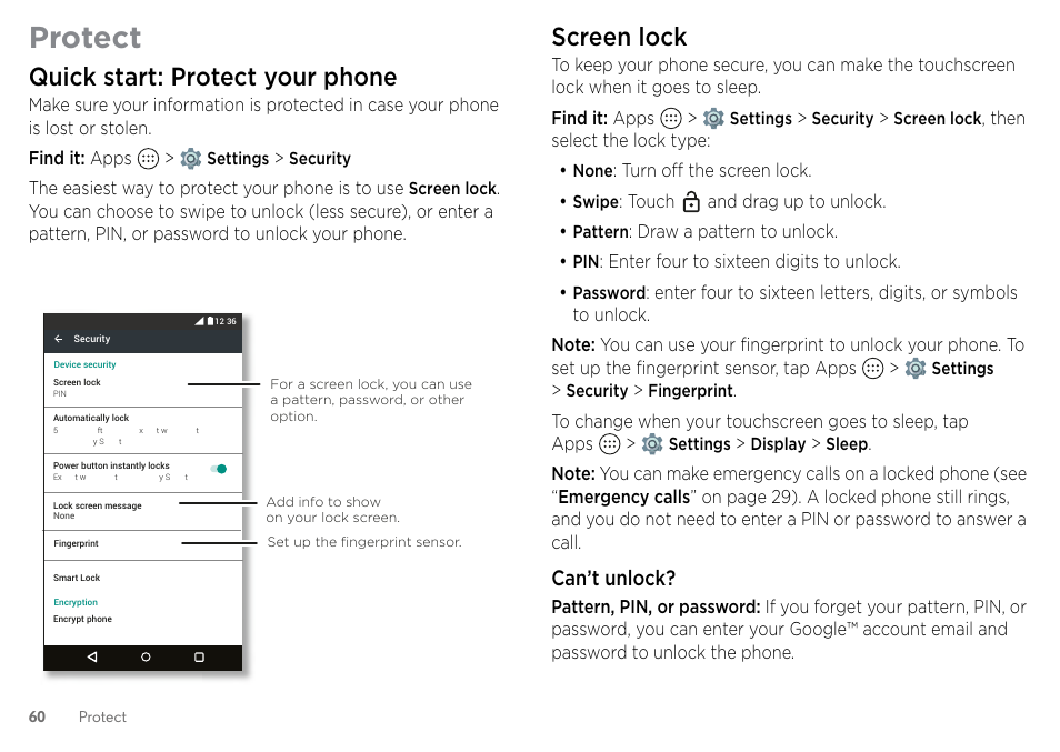 Protect, Quick start: protect your phone, Screen lock | See “protect” on, 60). y, Can’t unlock | Motorola Moto Z Droid User Manual | Page 62 / 68