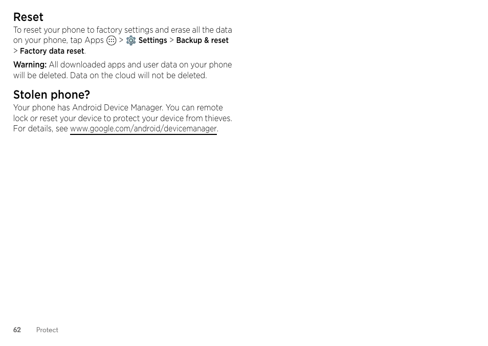 Reset, Stolen phone | Motorola Moto Z Droid User Manual | Page 64 / 68