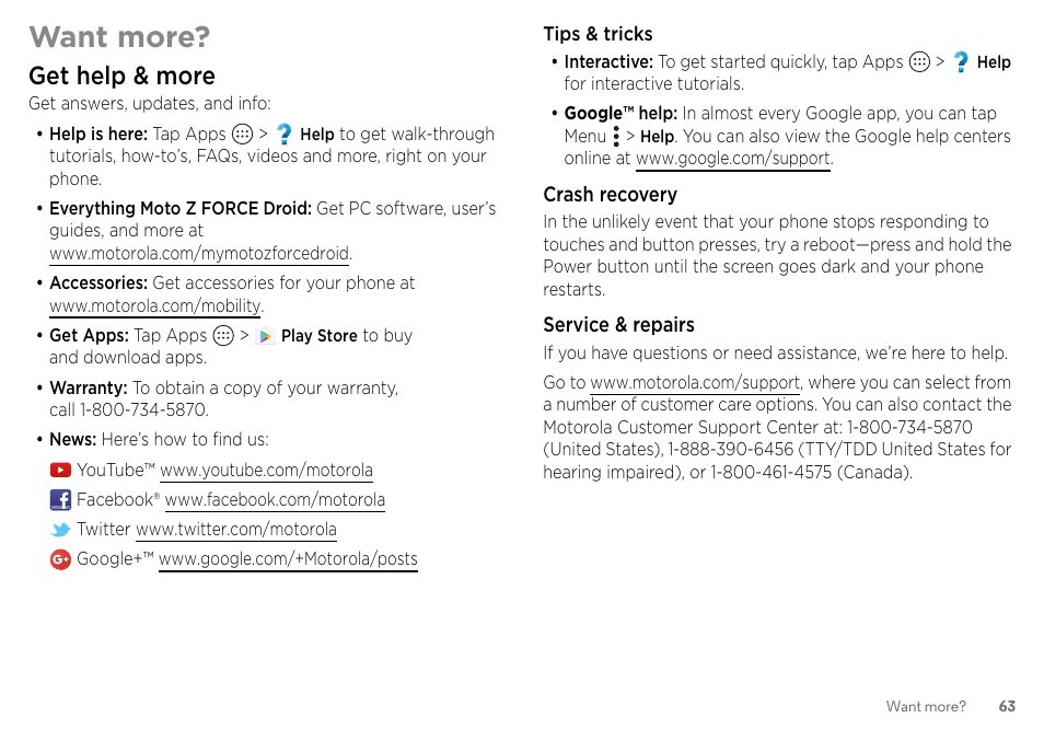 Want more, Get help & more | Motorola Moto Z Droid User Manual | Page 65 / 68