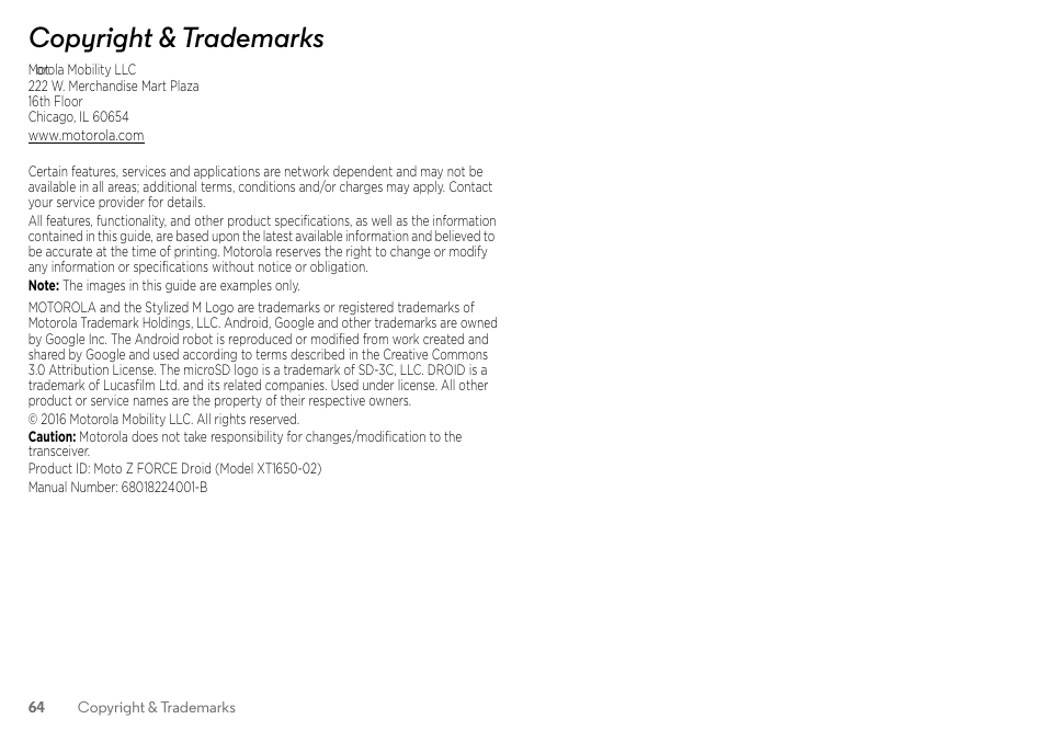 Copyright & trademarks | Motorola Moto Z Droid User Manual | Page 66 / 68