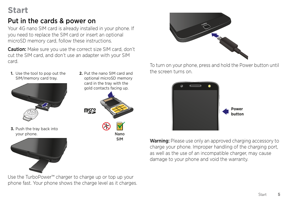 Start, Put in the cards & power on | Motorola Moto Z Droid User Manual | Page 7 / 68