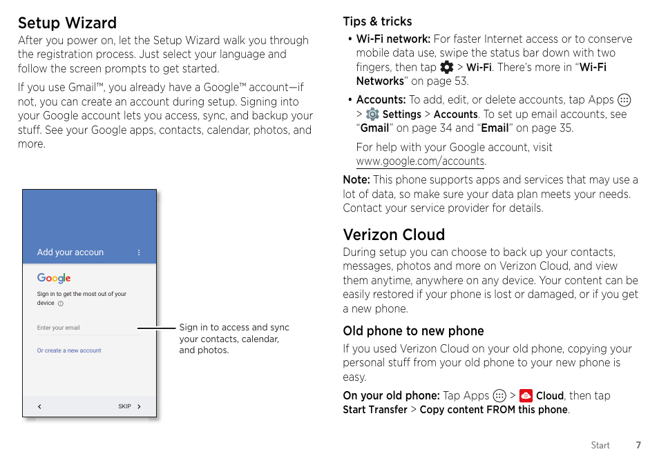 Setup wizard, Verizon cloud | Motorola Moto Z Droid User Manual | Page 9 / 68