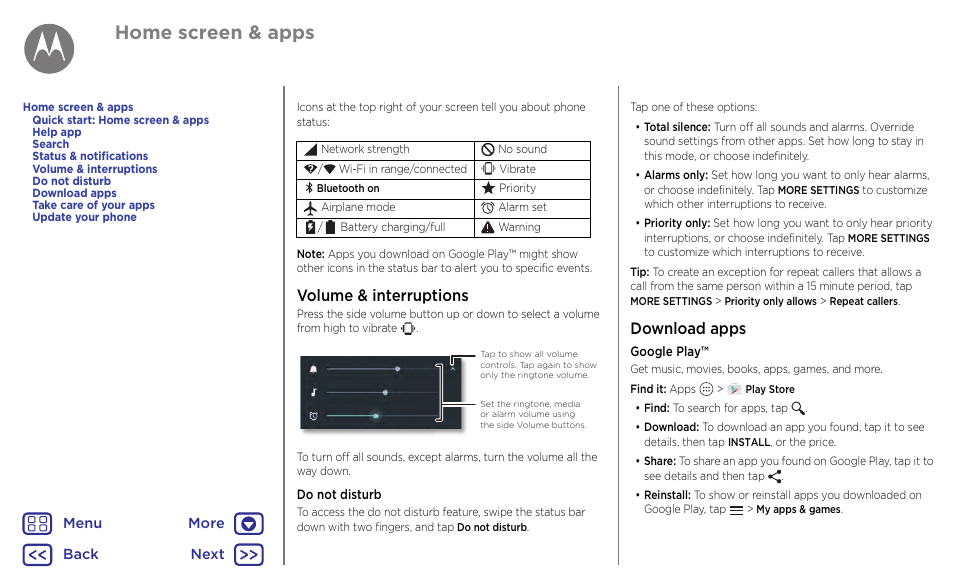 Download apps, Next, Home screen & apps | Volume & interruptions | Motorola Moto G4 Plus User Manual | Page 10 / 54