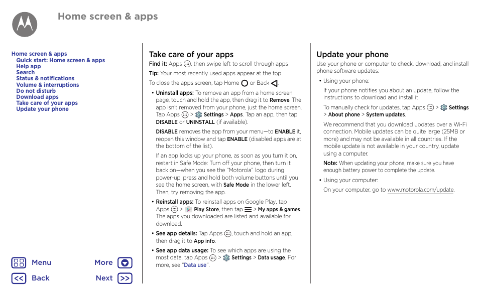 Take care of your apps, Take care of your apps update your phone, Next | Home screen & apps, Update your phone | Motorola Moto G4 Plus User Manual | Page 12 / 54
